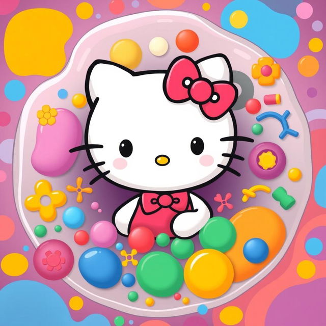 A delightful illustration of Hello Kitty situated within a fluid mosaic model