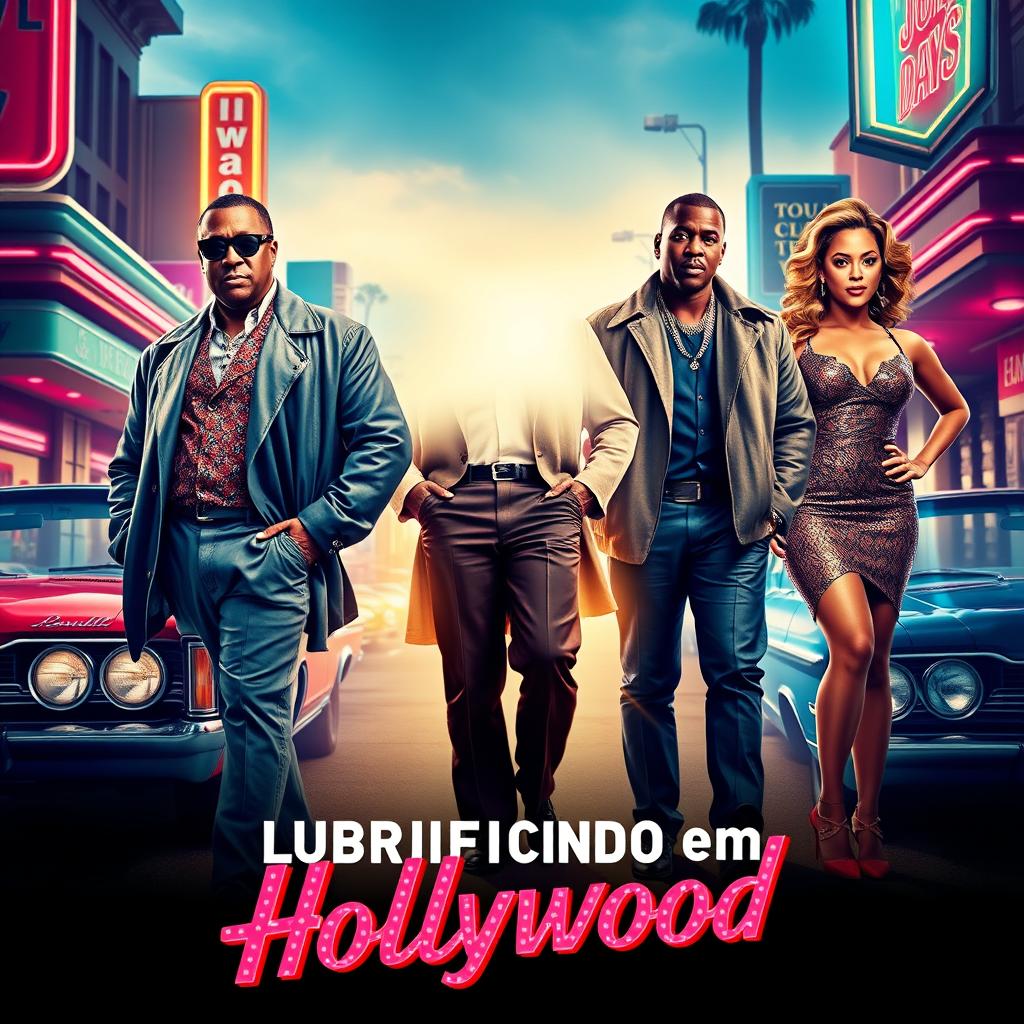 An artistic movie poster for a film titled 'Lubrificando em Hollywood'