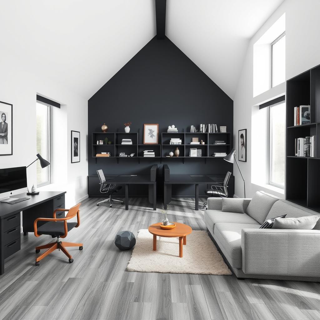 A spacious double office featuring a modern design with a color palette of white, black, and wood accents