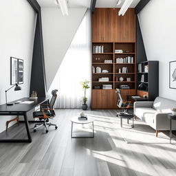 A spacious double office featuring a modern design with a color palette of white, black, and wood accents