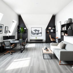 A spacious double office featuring a modern design with a color palette of white, black, and wood accents