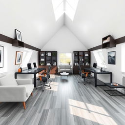 A spacious double office featuring a modern design with a color palette of white, black, and wood accents