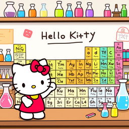 A whimsical illustration of Hello Kitty engaging with the periodic table of elements