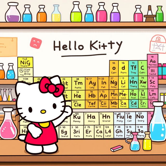 A whimsical illustration of Hello Kitty engaging with the periodic table of elements