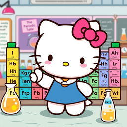 A whimsical illustration of Hello Kitty engaging with the periodic table of elements