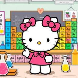 A whimsical illustration of Hello Kitty engaging with the periodic table of elements