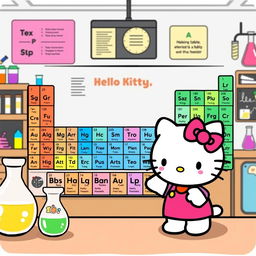 A whimsical illustration of Hello Kitty engaging with the periodic table of elements