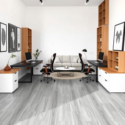 A stylish double office designed with a contemporary theme featuring a color palette of white, black, and wooden accents