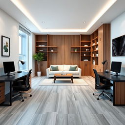 A stylish double office designed with a contemporary theme featuring a color palette of white, black, and wooden accents