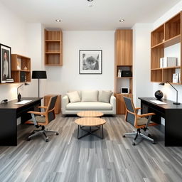 A stylish double office designed with a contemporary theme featuring a color palette of white, black, and wooden accents