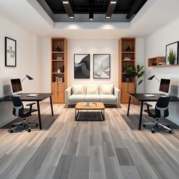 A stylish double office designed with a contemporary theme featuring a color palette of white, black, and wooden accents