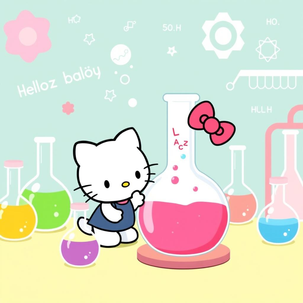 A charming illustration of Hello Kitty interacting with a round-bottom flask (matraz balón)