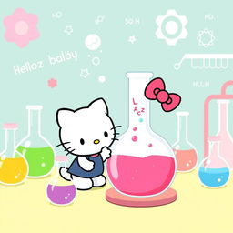 A charming illustration of Hello Kitty interacting with a round-bottom flask (matraz balón)