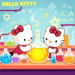 A charming illustration of Hello Kitty interacting with a round-bottom flask (matraz balón)