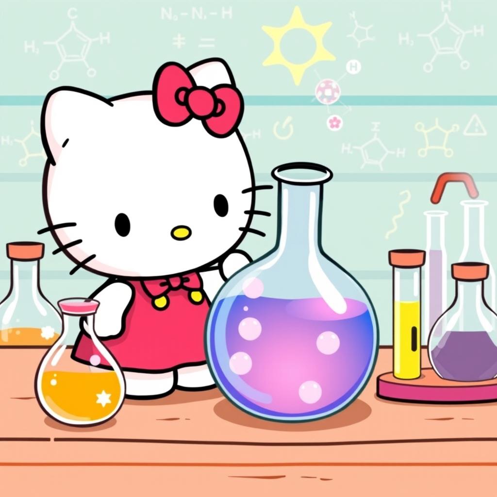 A charming illustration of Hello Kitty interacting with a round-bottom flask (matraz balón)