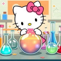 A charming illustration of Hello Kitty interacting with a round-bottom flask (matraz balón)