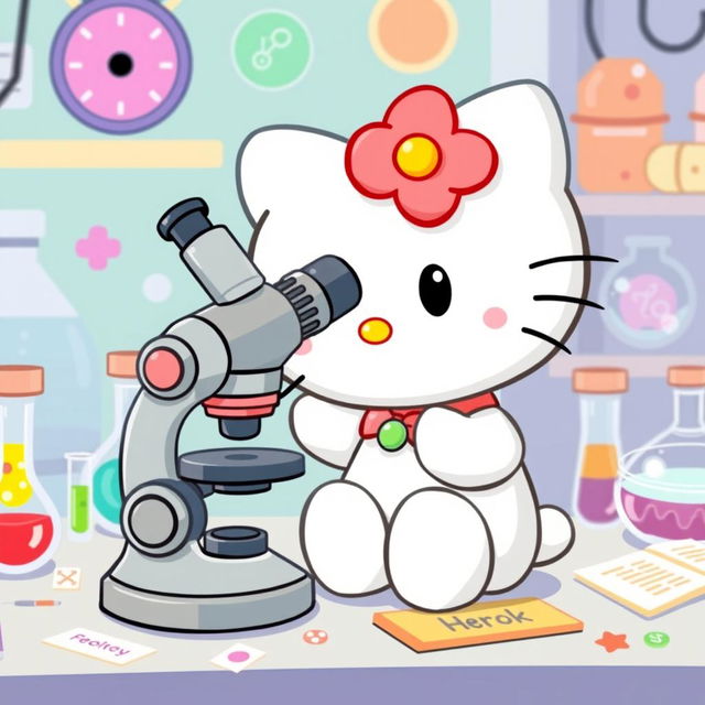 A charming illustration of Hello Kitty excitedly looking through a microscope