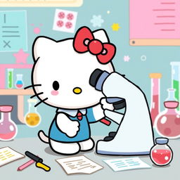 A charming illustration of Hello Kitty excitedly looking through a microscope