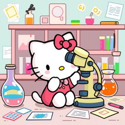 A charming illustration of Hello Kitty excitedly looking through a microscope