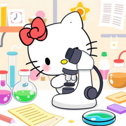 A charming illustration of Hello Kitty excitedly looking through a microscope