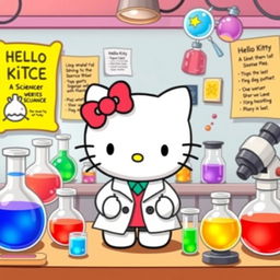 A delightful illustration of Hello Kitty wearing a white lab coat in a colorful laboratory setting