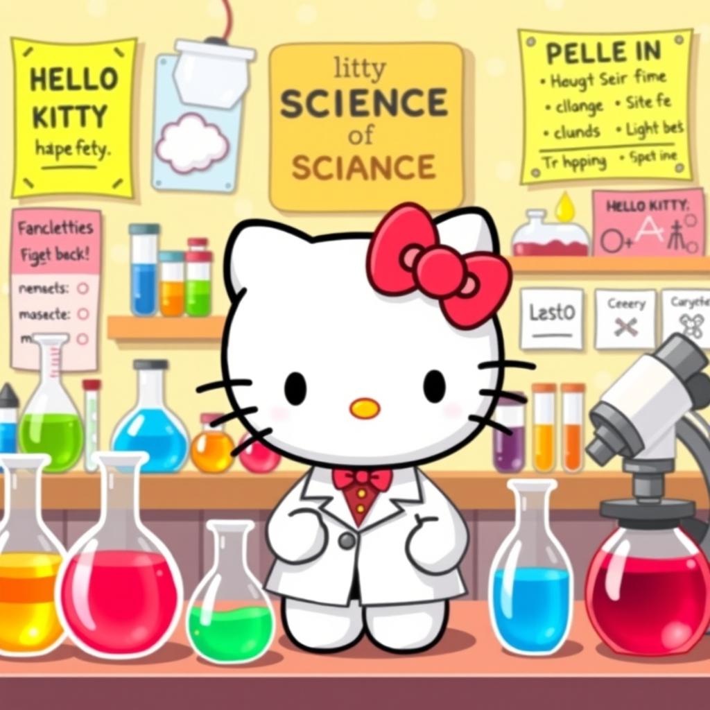 A delightful illustration of Hello Kitty wearing a white lab coat in a colorful laboratory setting