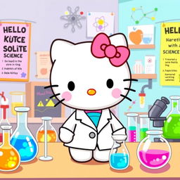 A delightful illustration of Hello Kitty wearing a white lab coat in a colorful laboratory setting