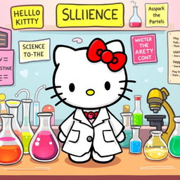 A delightful illustration of Hello Kitty wearing a white lab coat in a colorful laboratory setting