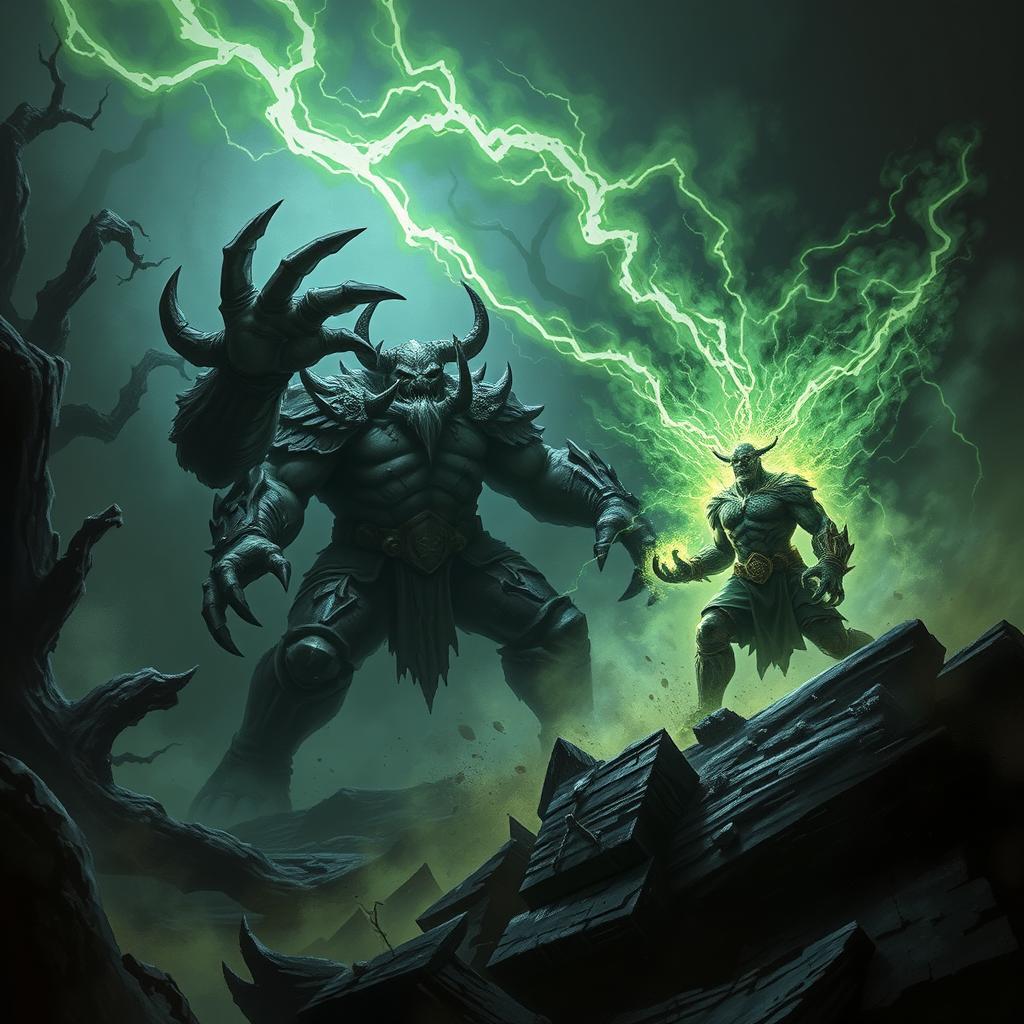 A dramatic scene featuring a black and green bolt of necrotic energy streaking through the air towards a large, imposing creature, such as a cyclops or an orc warrior