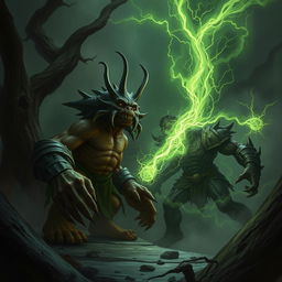 A dramatic scene featuring a black and green bolt of necrotic energy streaking through the air towards a large, imposing creature, such as a cyclops or an orc warrior