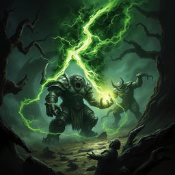 A dramatic scene featuring a black and green bolt of necrotic energy streaking through the air towards a large, imposing creature, such as a cyclops or an orc warrior