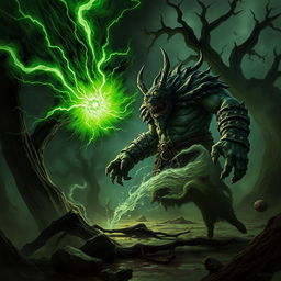 A dramatic scene featuring a black and green bolt of necrotic energy streaking through the air towards a large, imposing creature, such as a cyclops or an orc warrior