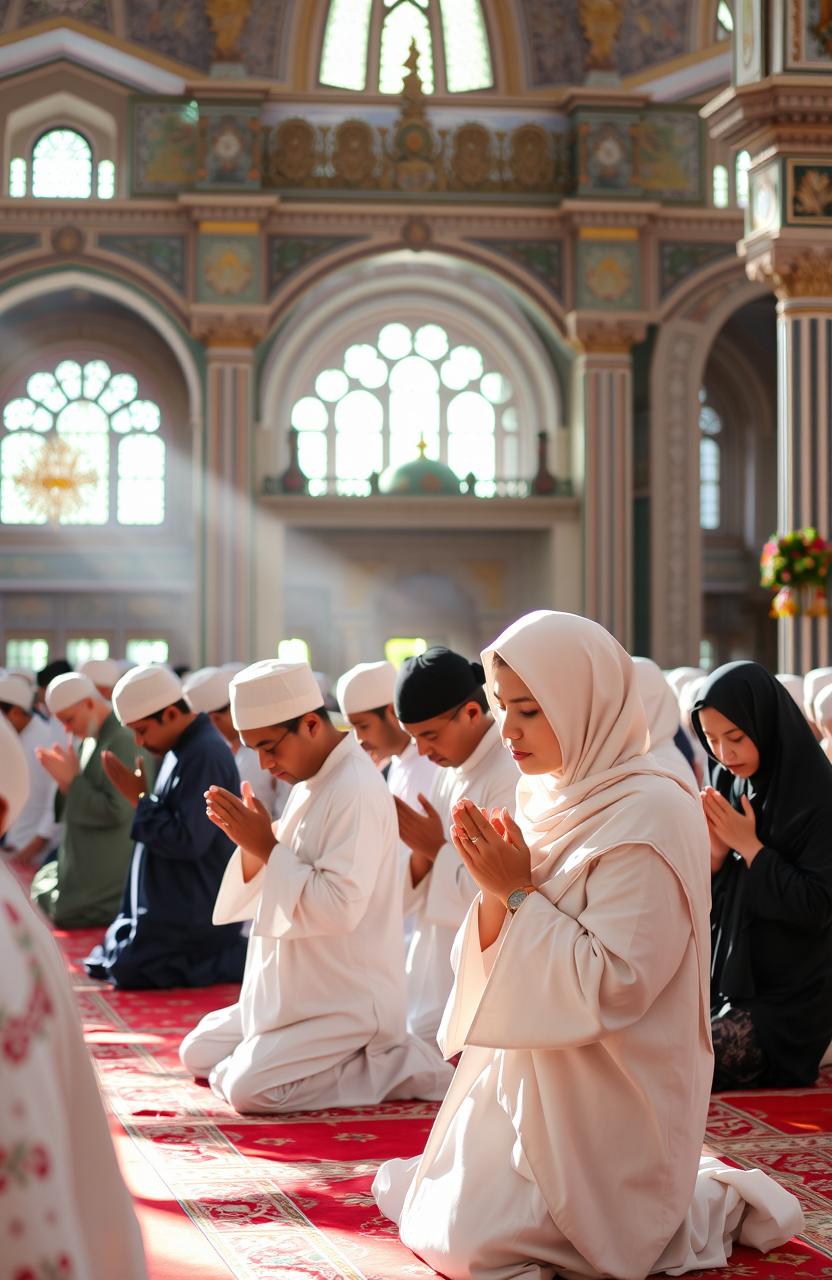 A serene and peaceful setting depicting a group of people engaged in Islamic prayers, dressed in traditional attire