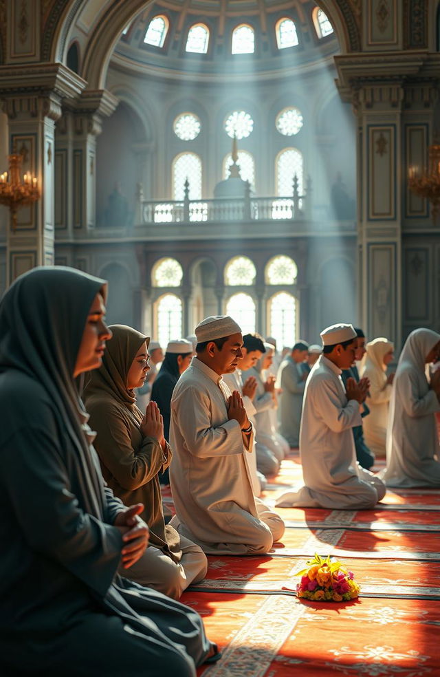 A serene and peaceful setting depicting a group of people engaged in Islamic prayers, dressed in traditional attire