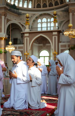 A serene and peaceful setting depicting a group of people engaged in Islamic prayers, dressed in traditional attire