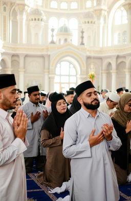 A serene and peaceful setting depicting a group of people engaged in Islamic prayers, dressed in traditional attire