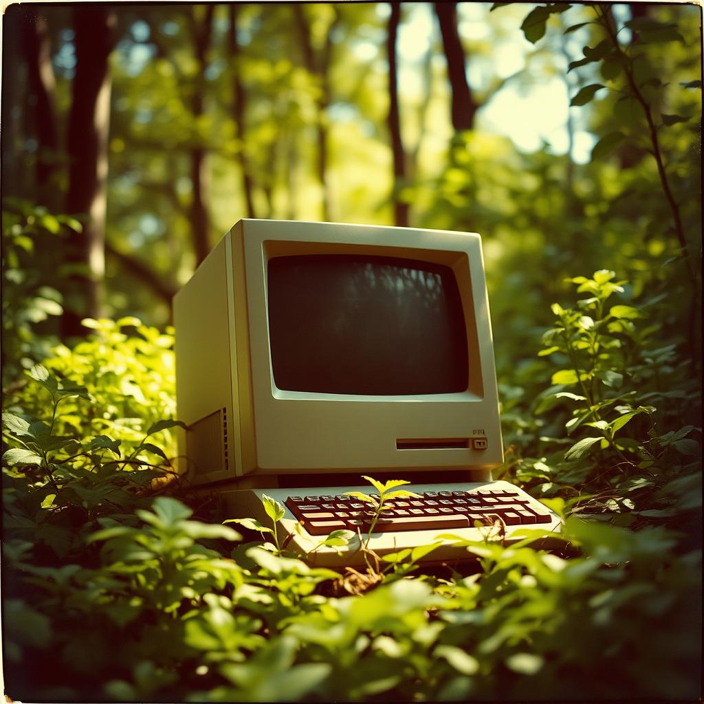 A retro Macintosh desktop computer abandoned amidst lush, overgrown woods, surrounded by vibrant green foliage