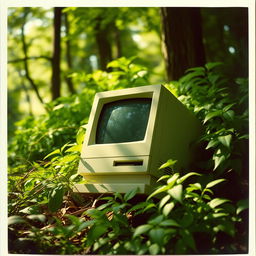 A retro Macintosh desktop computer abandoned amidst lush, overgrown woods, surrounded by vibrant green foliage