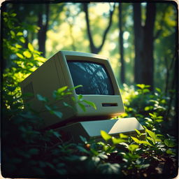 A retro Macintosh desktop computer abandoned amidst lush, overgrown woods, surrounded by vibrant green foliage