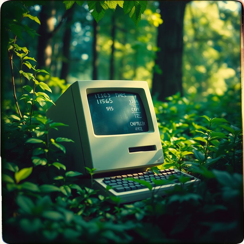 A retro Macintosh desktop computer abandoned amidst lush, overgrown woods, surrounded by vibrant green foliage