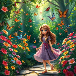 A whimsical garden filled with colorful butterflies fluttering around vibrant flowers in full bloom