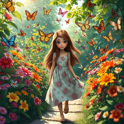 A whimsical garden filled with colorful butterflies fluttering around vibrant flowers in full bloom