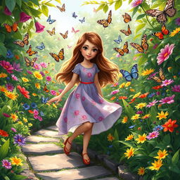 A whimsical garden filled with colorful butterflies fluttering around vibrant flowers in full bloom