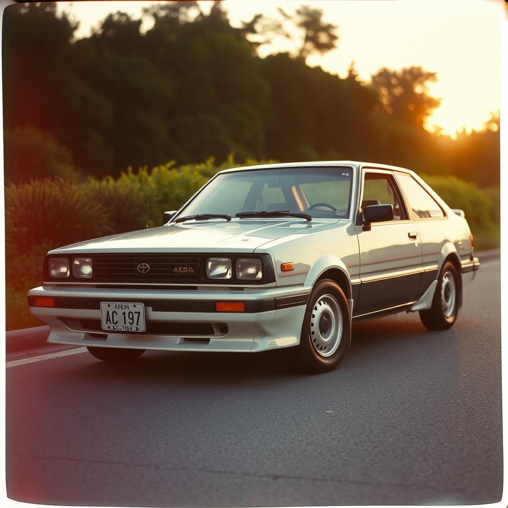 A vintage Toyota Corolla AE86 parked in a serene, softly lit environment, showcasing its iconic design and sleek lines