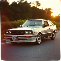 A vintage Toyota Corolla AE86 parked in a serene, softly lit environment, showcasing its iconic design and sleek lines