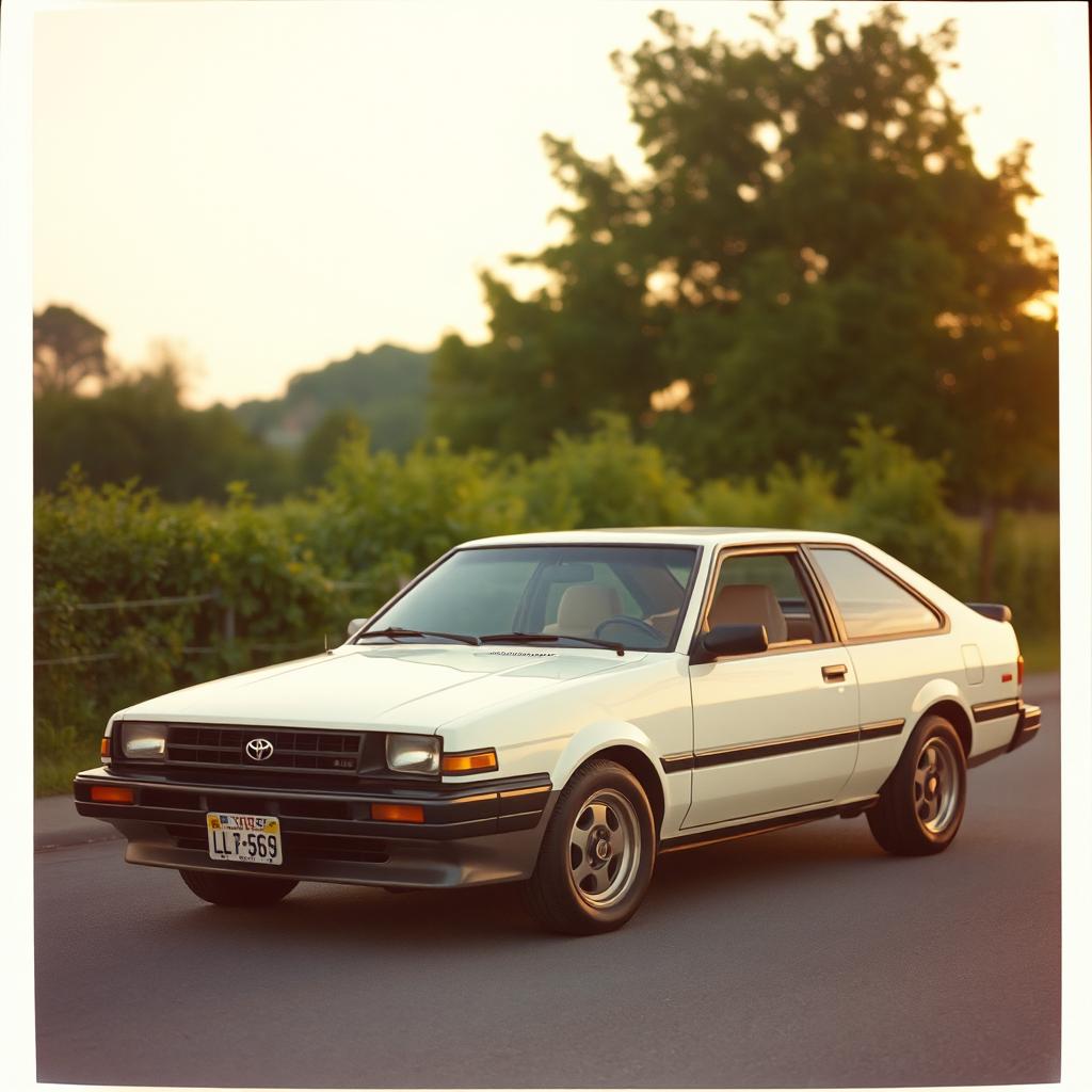 A vintage Toyota Corolla AE86 parked in a serene, softly lit environment, showcasing its iconic design and sleek lines