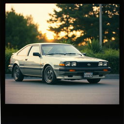 A vintage Toyota Corolla AE86 parked in a serene, softly lit environment, showcasing its iconic design and sleek lines