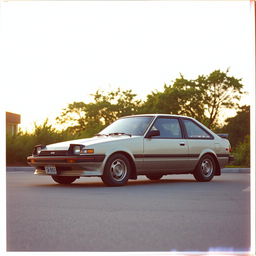 A vintage Toyota Corolla AE86 parked in a serene, softly lit environment, showcasing its iconic design and sleek lines