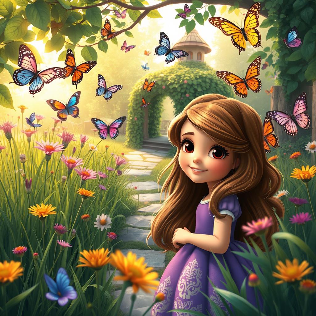 A whimsical scene featuring Sofia, a young girl with long, flowing hair and a bright, curious expression, exploring a magical secret garden filled with vibrant, colorful butterflies of various species fluttering around her