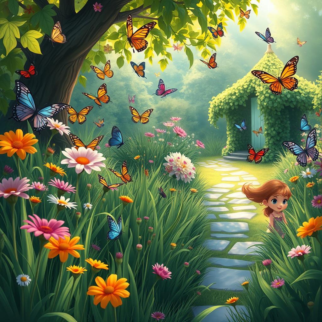 A whimsical scene featuring Sofia, a young girl with long, flowing hair and a bright, curious expression, exploring a magical secret garden filled with vibrant, colorful butterflies of various species fluttering around her